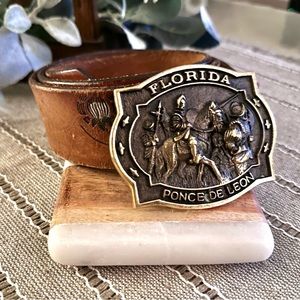 VTG Florida Ponce De Leon Solid Brass Belt Buckle w/ Hand Engraved Leather Belt